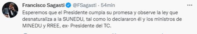 Francisco Sagasti instó a Pedro Castillo a observar ley que afecta a la Sunedu. Foto: Captura Twitter