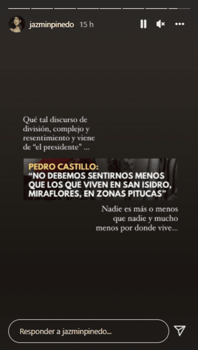 La exchica reality respondió a las declaraciones que emitió Pedro Castillo en su discurso a su paso por Puno. Foto: Instagram
