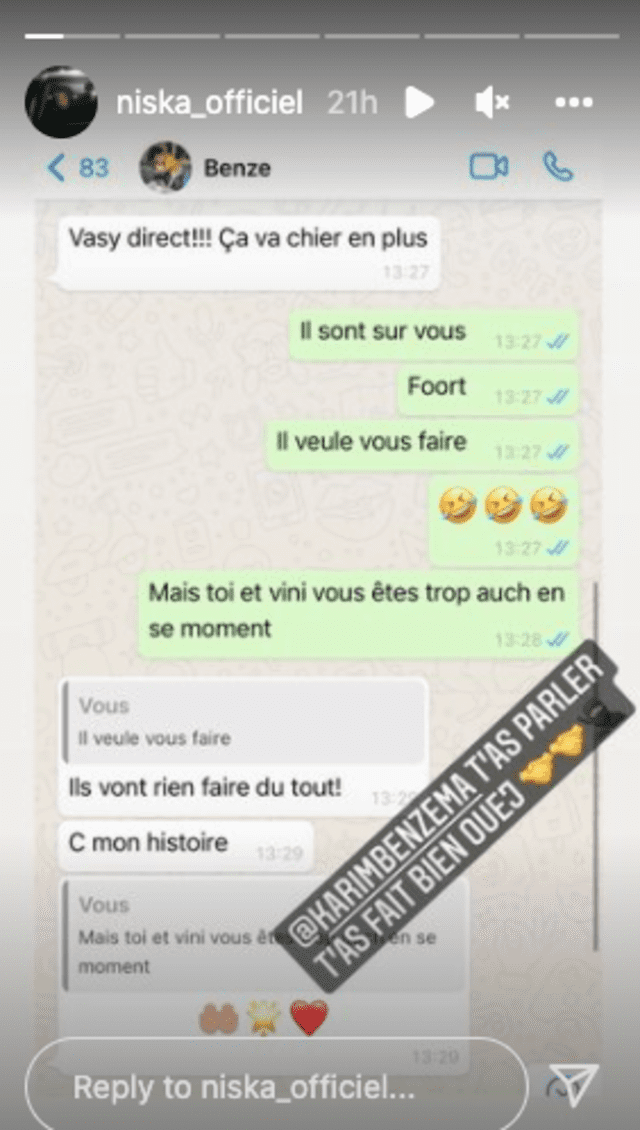 Conversación de Niska y Benzema. Foto: captura Instagram Niska