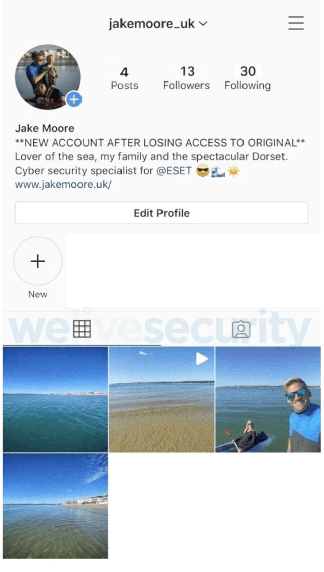 Clonación del perfil de Instagram de Jake Moore. | Foto: ESET