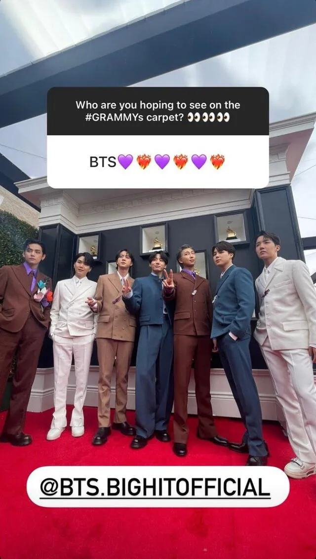 BTS en la red carpet de los Grammy 2022. Foto: vía Instagram