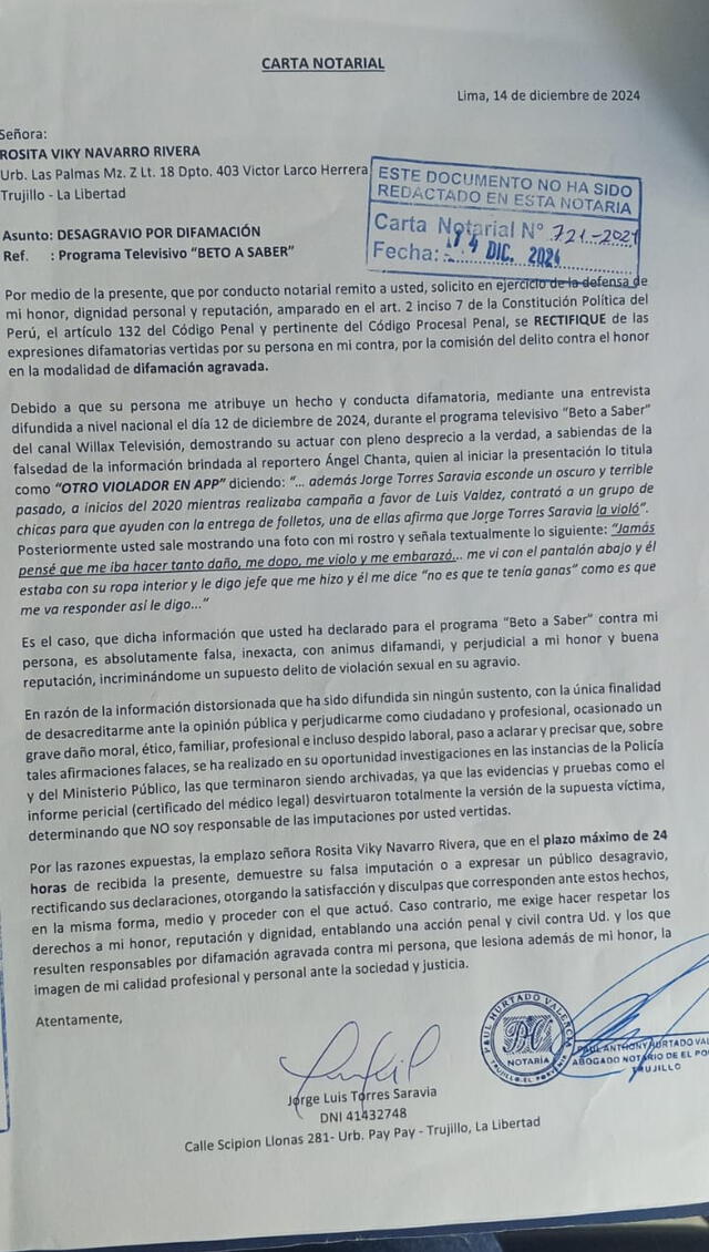  Carta enviada por Jorge Torres Saravia a la denunciante. 