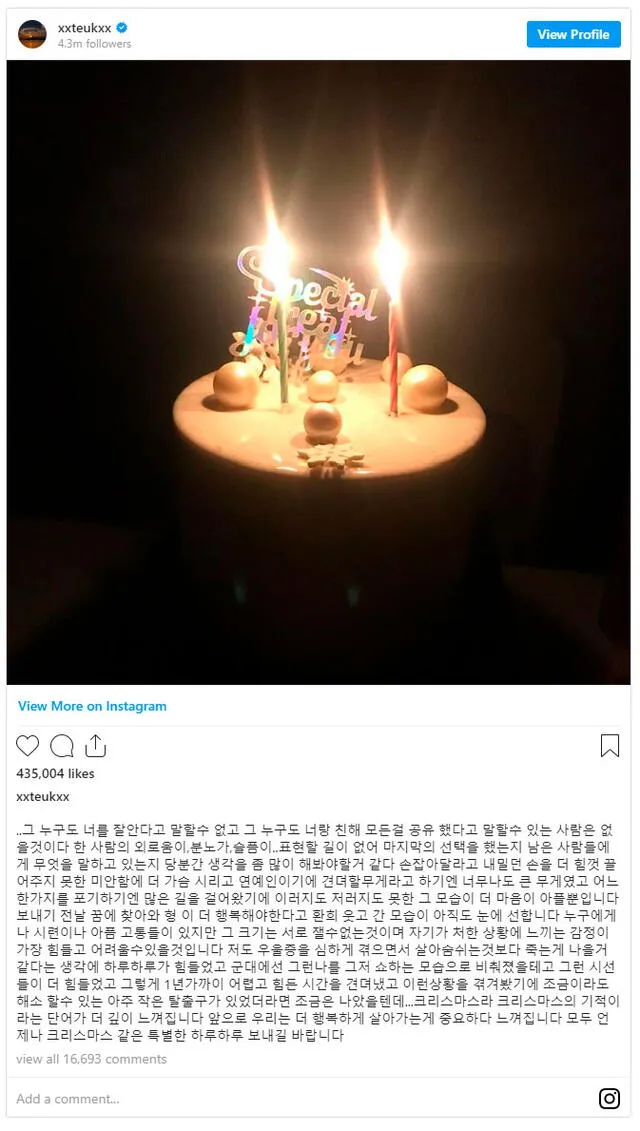 Leeteuk de Super Junior publicó un conmovedor mensaje para Jonghyun de SHINee, el 25 de diciembre del 2017. Captura Instagram.