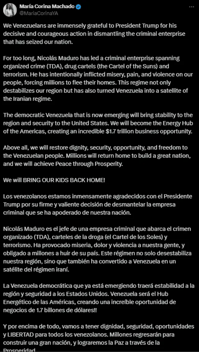 En su mensaje, Machado afirmó: ''VAMOS A TRAER A NUESTROS HIJOS DE VUELTA A CASA''   