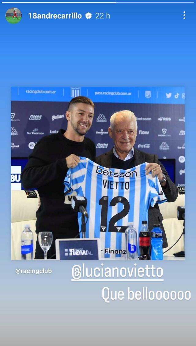  André Carrillo compartió en Instagram la presentación de Luciano Vietto en Racing. Foto: captura de Instagram/André Carrillo   