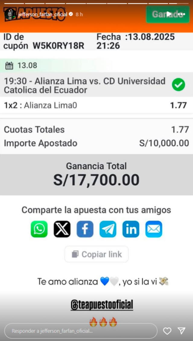 Farfán compartió el monto que ganó tras triunfo de Alianza. Foto: Instagram.   
