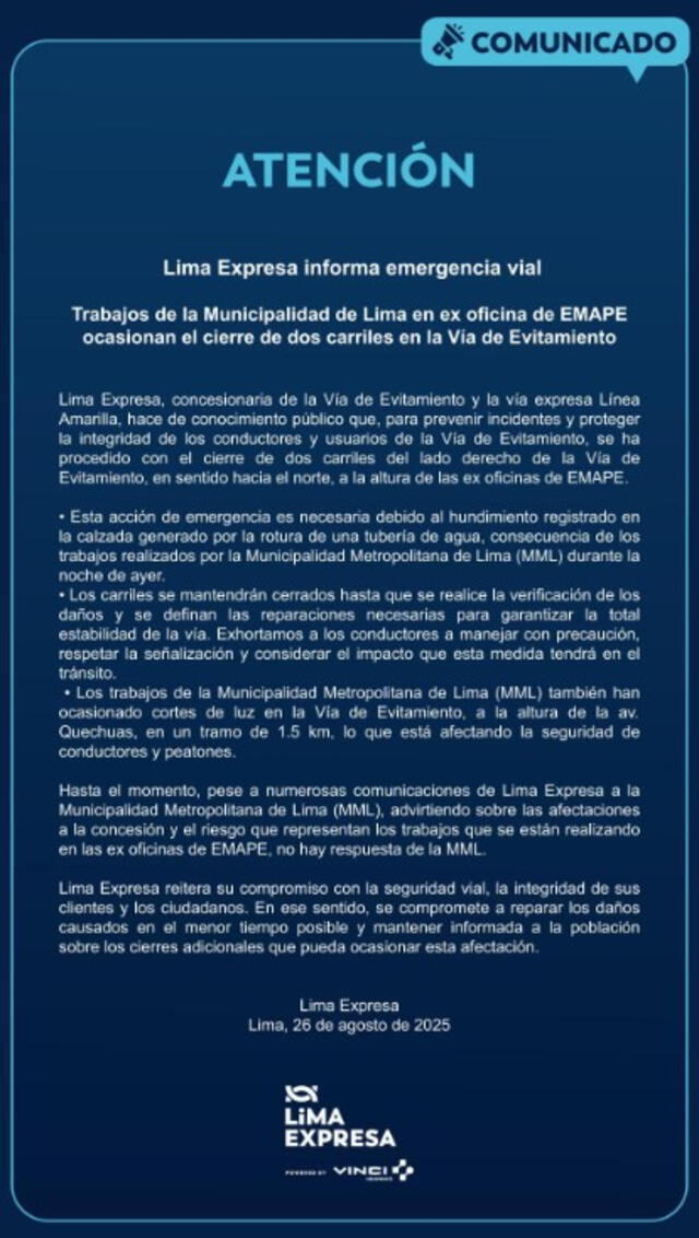 Comunicado de Lima Expresa. Foto: X   