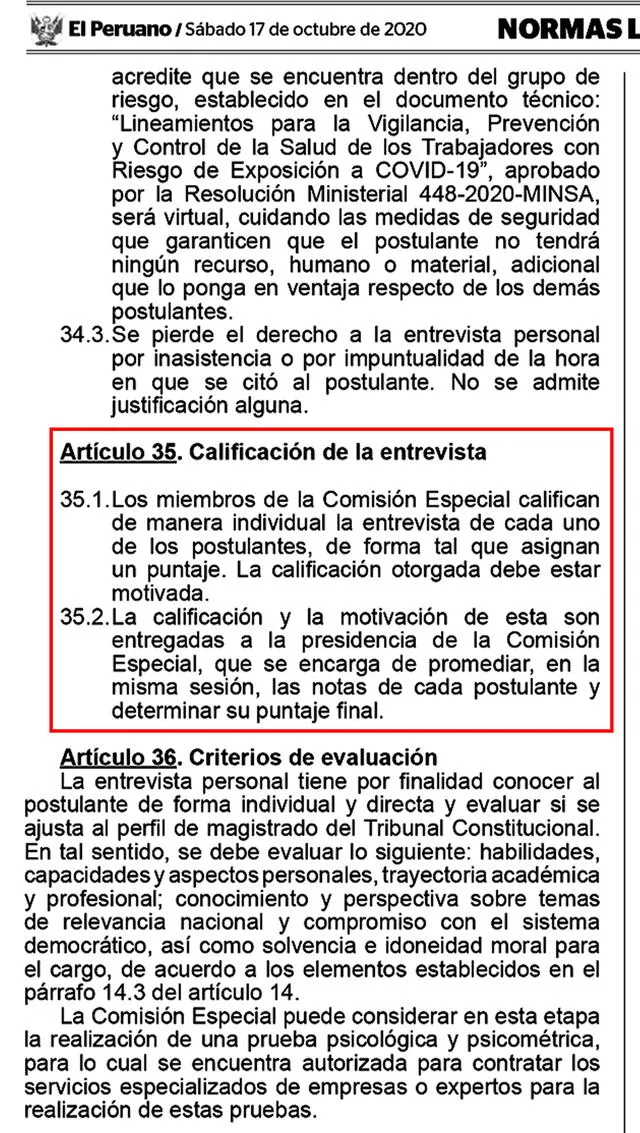 Reglamento para el concurso al Tribunal Constitucional. Fuente: El Peruano