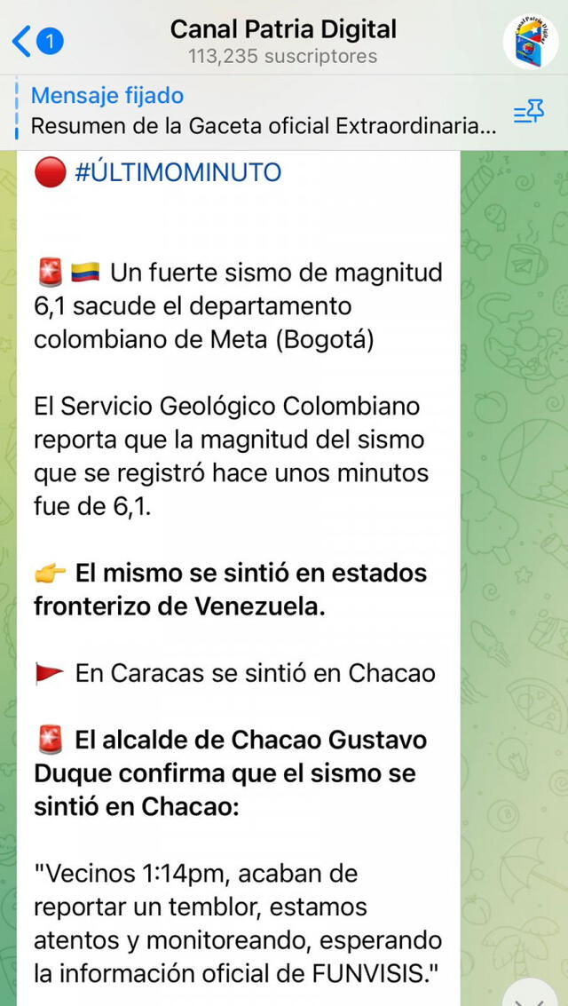  el sismo de 6.1 que afectó el departamento colombiano de Meta. Foto: Canal Patria Digital    