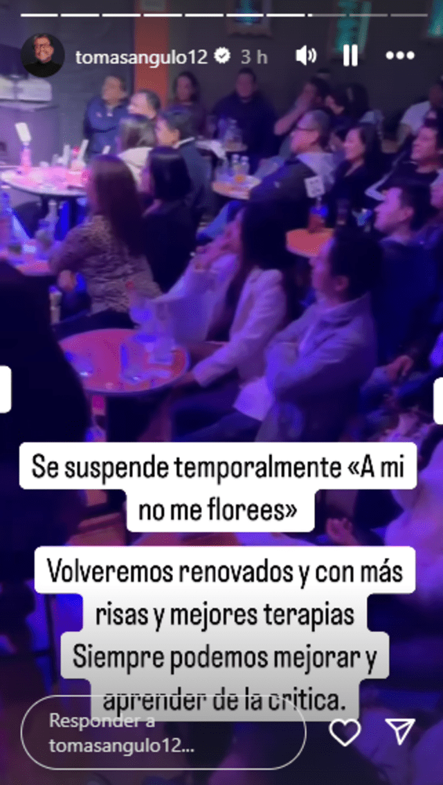 Comunicado de Tomás Angulo sobre la suspensión de su show. Foto: Instagram   