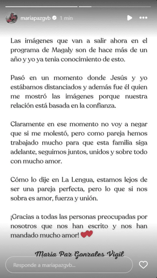  María Paz González rompe su silencio tras infidelidad de Jesús Alzamora con otra mujer en Colombia. Foto: Instagram   