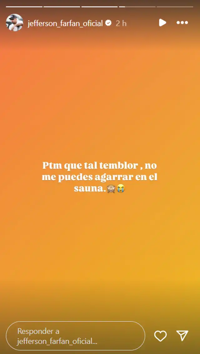  Reacción de Jefferson Farfán al temblor. Foto: Instagram    