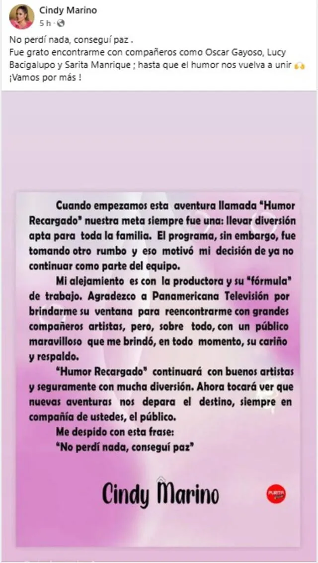 Comunicado de Cindy Marino. Foto: difusión Comunicado de Cindy Marino. Foto: difusión