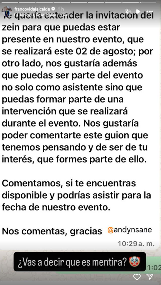 Captura de WhatsApp compartida por Franco Vidal en su cuenta de Instagram Captura de WhatsApp compartida por Franco Vidal en su cuenta de Instagram