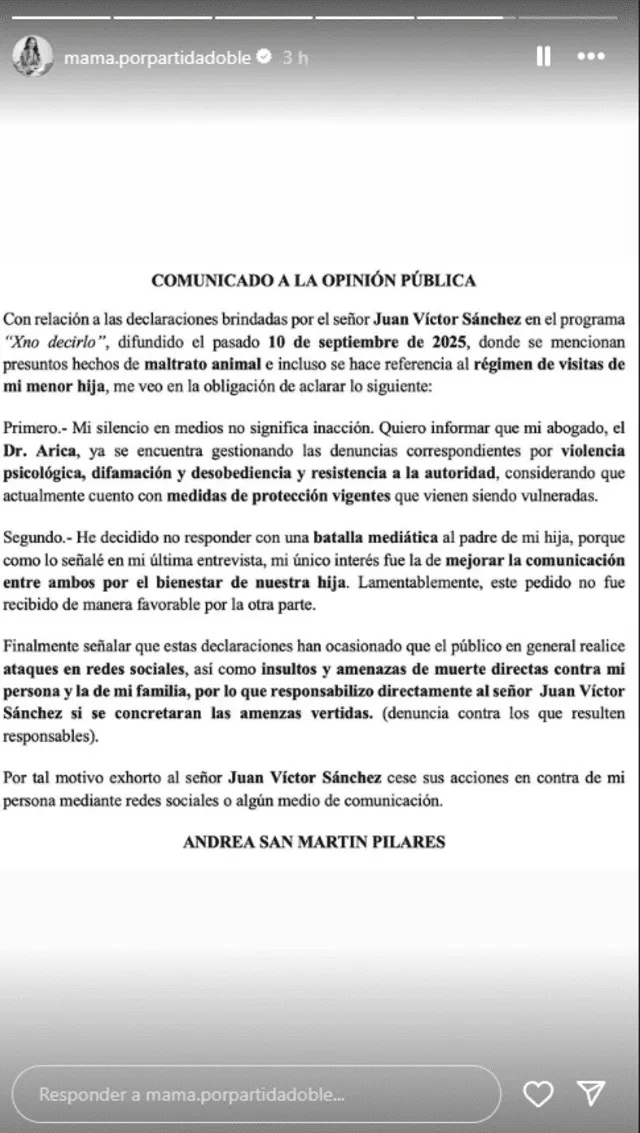  Comunicado de Andrea San Martín. Captura: Instagram   