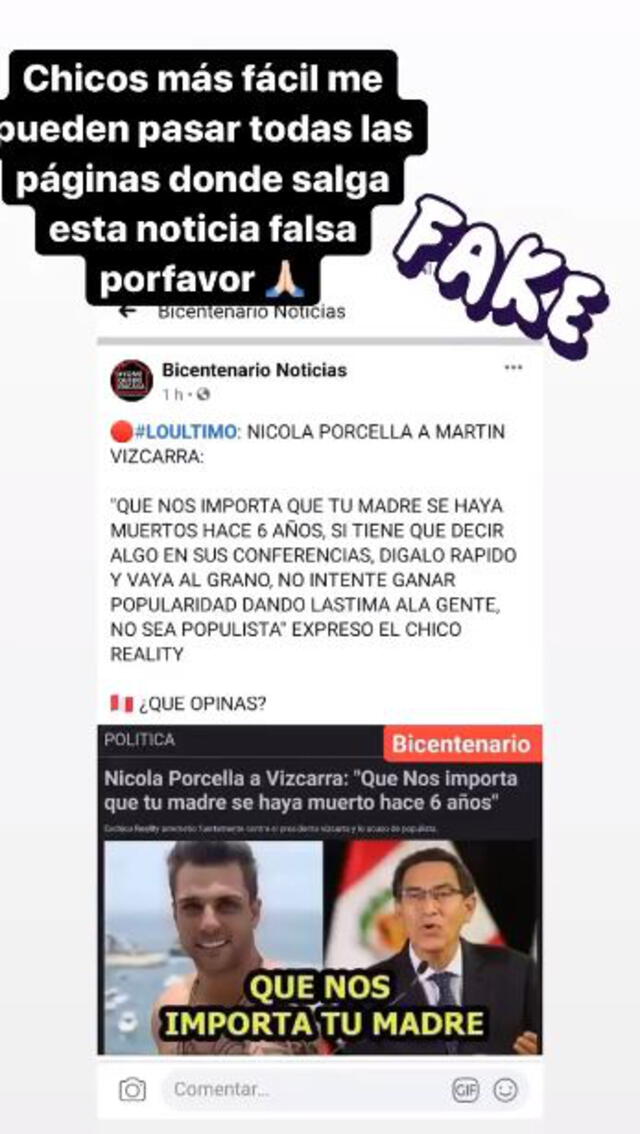 Nicola Porcella pide a seguidores páginas que difundieron comentario falso.