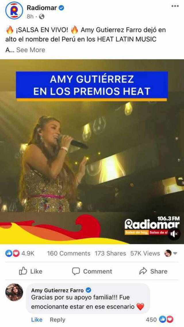 Amy Gutiérrez emocionada por cantar en los Premios Heat. Foto: captura Instagram