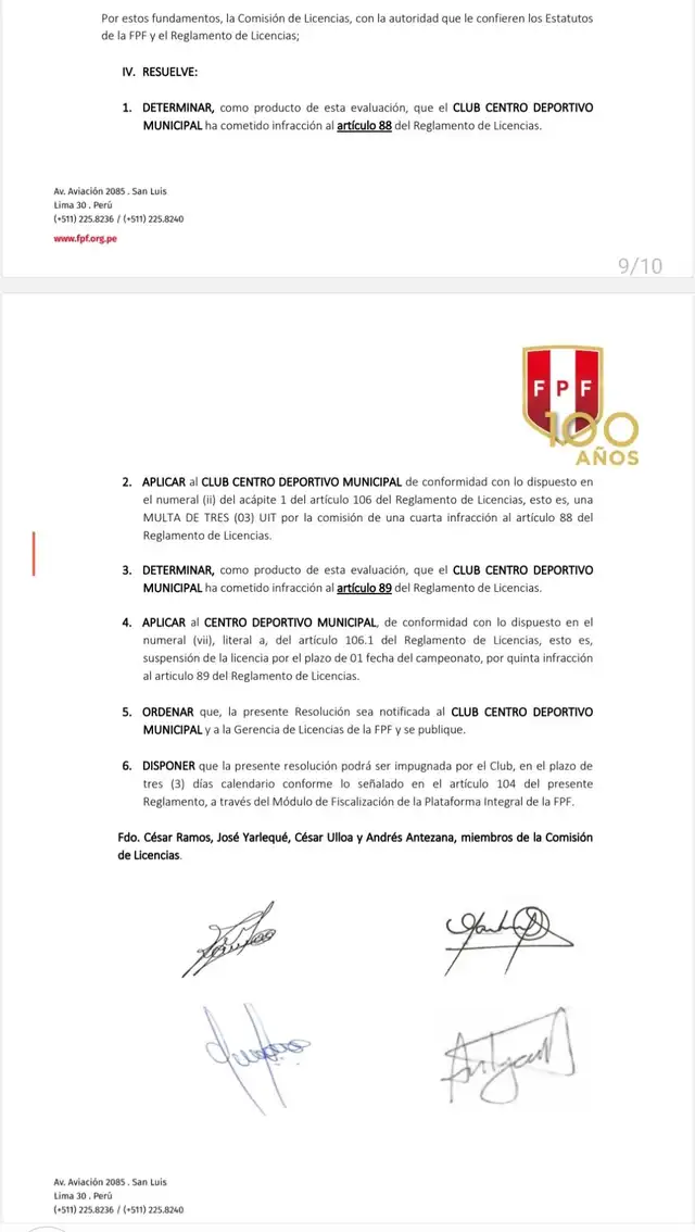  Suspenden la licencia de Deportivo Municipal. Foto: FPF.   