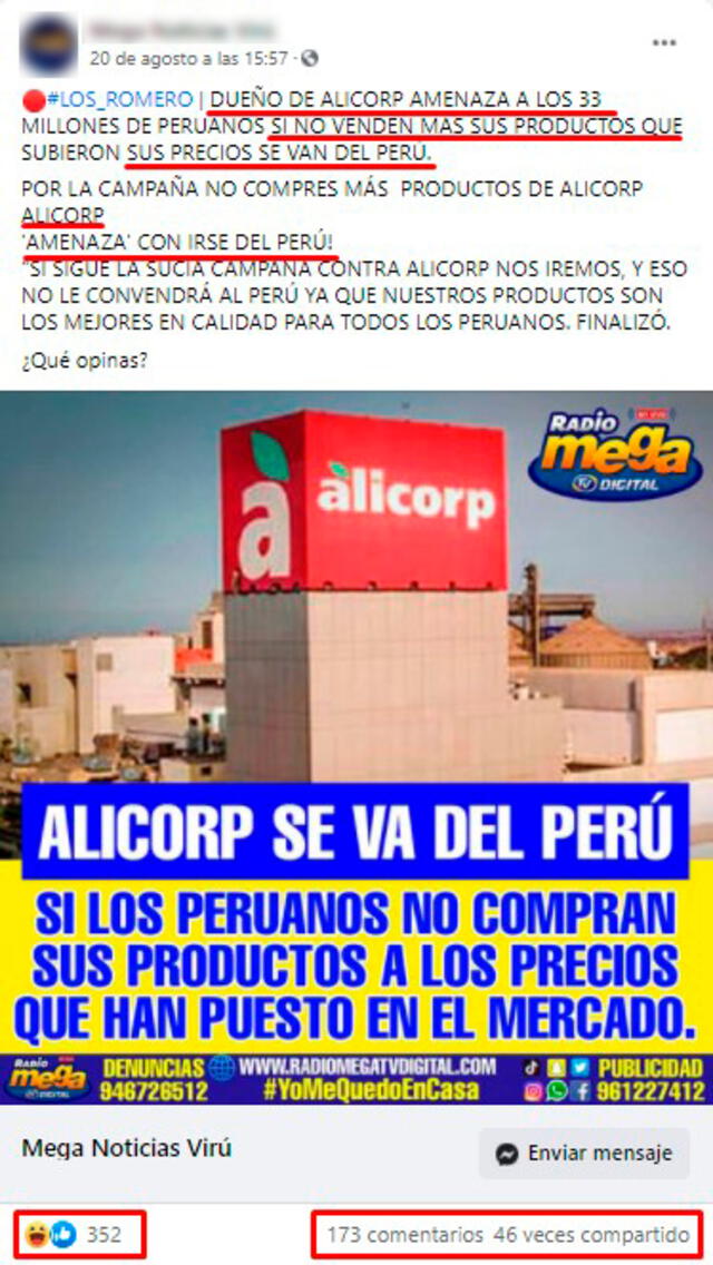Imagen viralizada en la que se afirma que Alicorp "se va" del Perú. FOTO: Captura de Facebook.