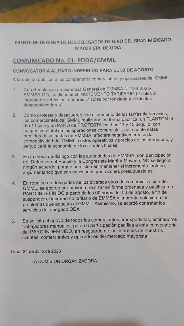  Comunicado fue difundido este miércoles. Fuente: difusión   