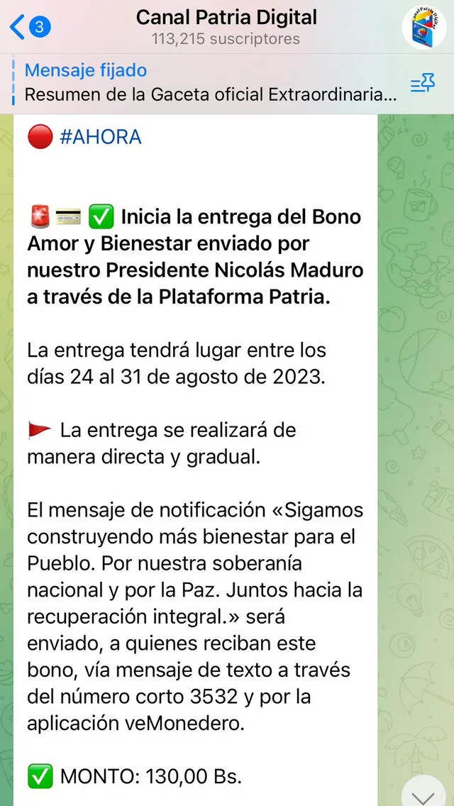 El segundo bono especial de agosto 2023 comenzó a pagarse desde el jueves 24. Foto: Canal Patria Digital/ Telegram   