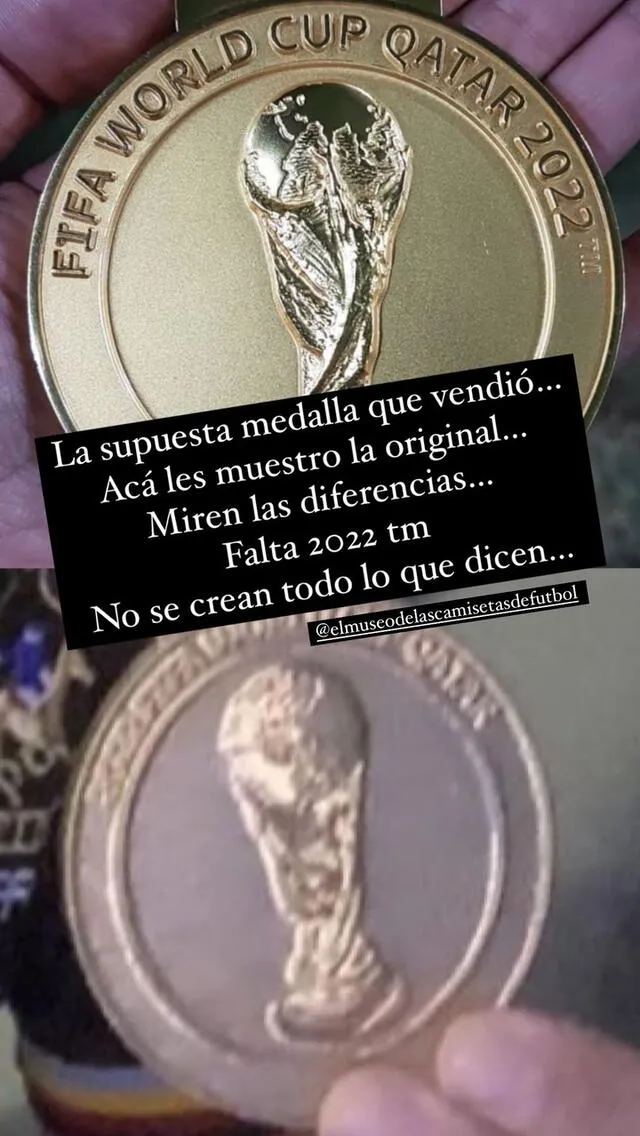 Un usuario de redes sociales descubrió la diferencia entre la medalla original y la que vendió Frías. Foto: @elmuseodelascamisetasdefutbol/Instagam   