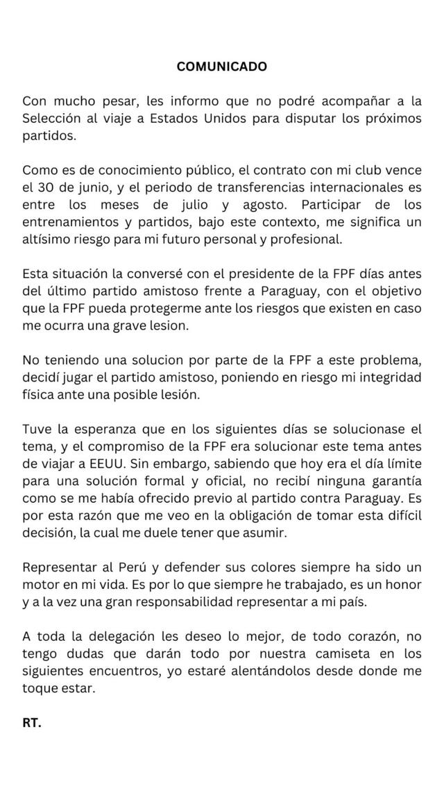 Comunicado de Renato Tapia en el cual explica sus razones para no formar parte de la selección peruana para los próximos partidos. Foto: captura X   