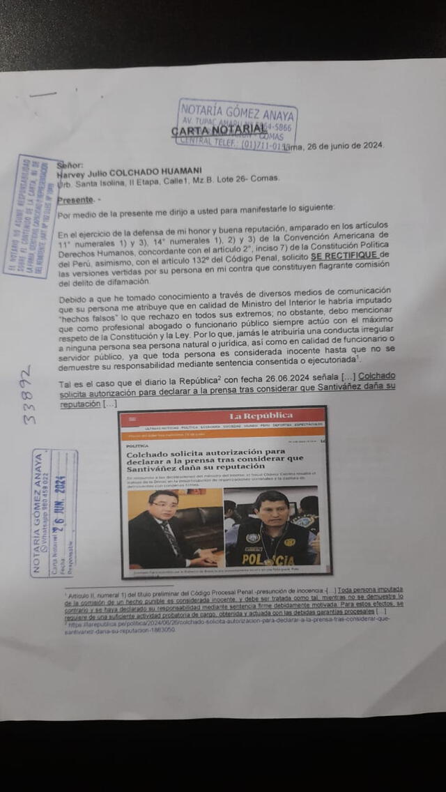 Santiváñez asegura que las supuestas declaraciones Colchado vulneran su imagen. Foto: difusión.   