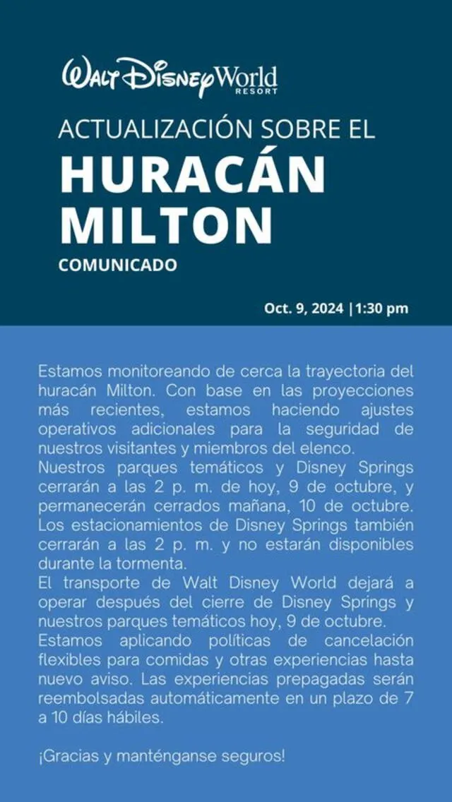 <em> Comunicado de Walt Disney World sobre el cierre provisional de sus instalaciones. Foto: captura de Instagram</em>   