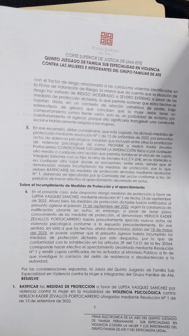 Resolución del Juzgado de Familia de Ate. Foto: Lupita Vásquez    