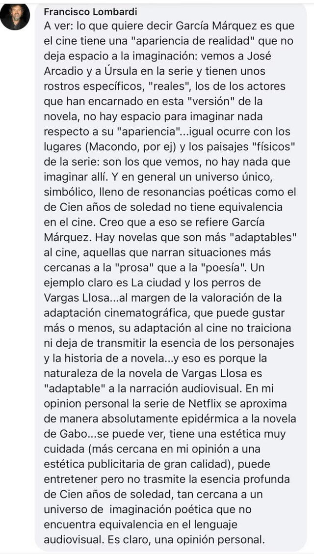  Crítica de Francisco Lombardi sobre la adaptación de 'Cien años de soledad'. Foto: Facebook   