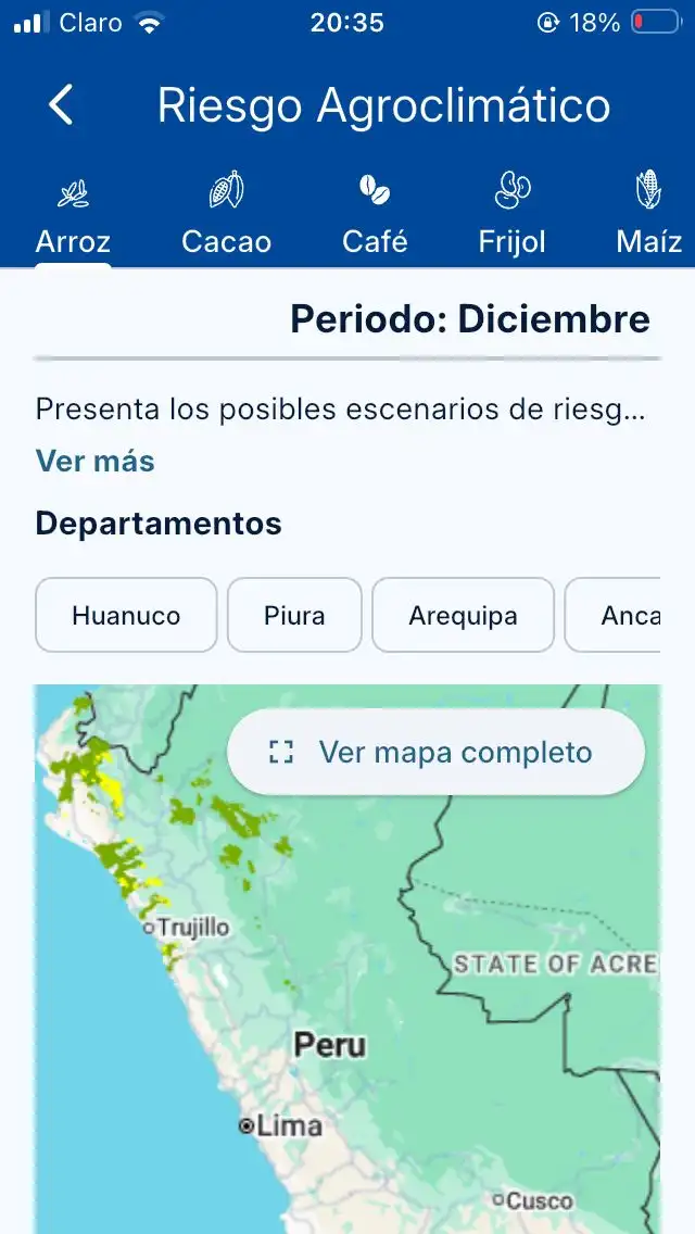 La aplicación también muestra distintos datos, como los riesgos climáticos que impactan a la agricultura. Foto: captura.    