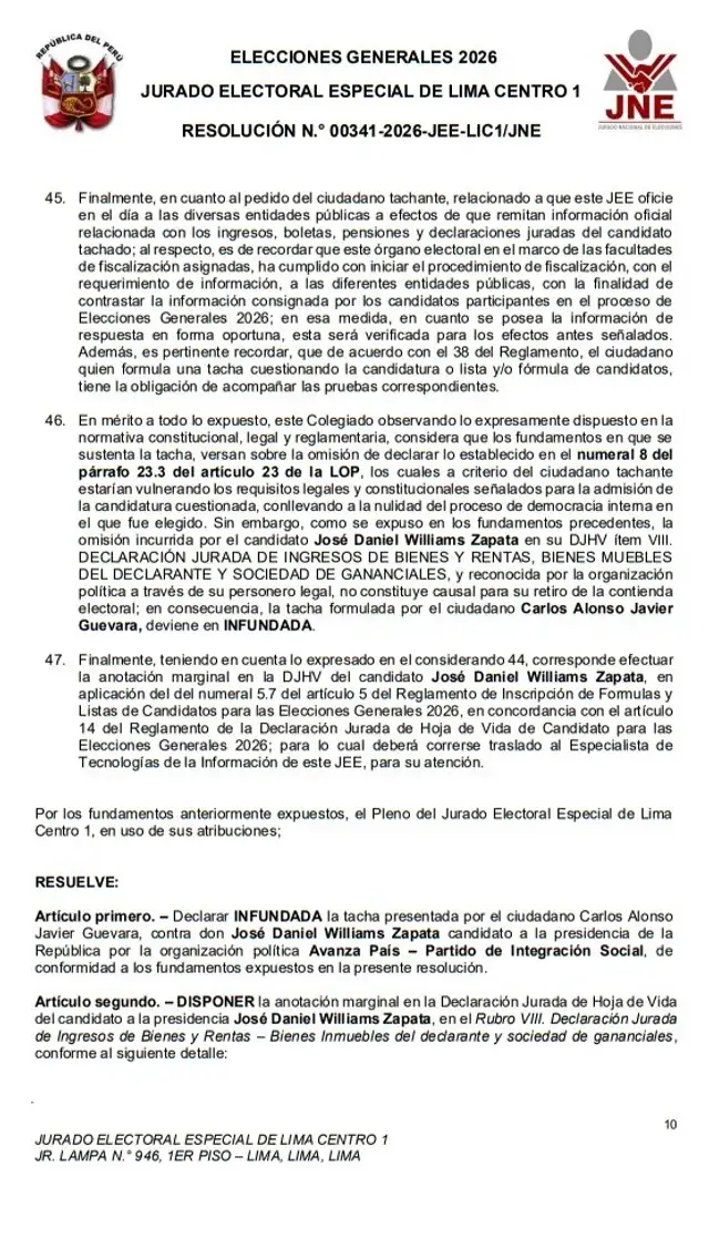 JEE Lima Centro 1 rechaza tacha contra José Williams. Foto: difusión JEE Lima Centro 1 rechaza tacha contra José Williams. Foto: difusión