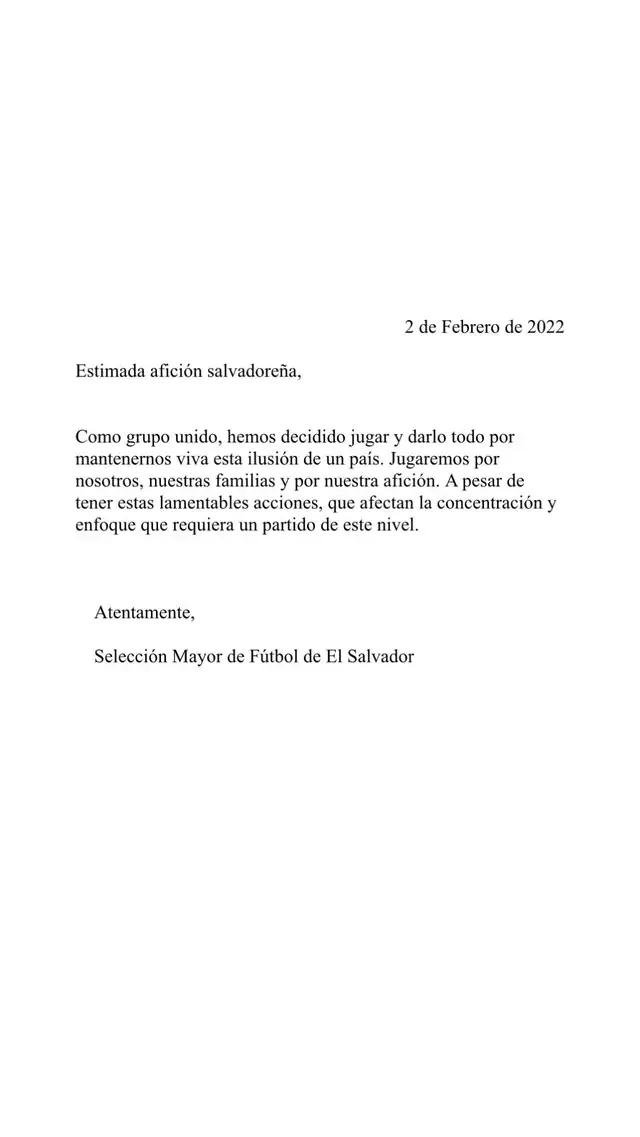 Nuevo comunicado de los jugadores de El Salvador. Foto: Twitter Jugadores de El Salvador