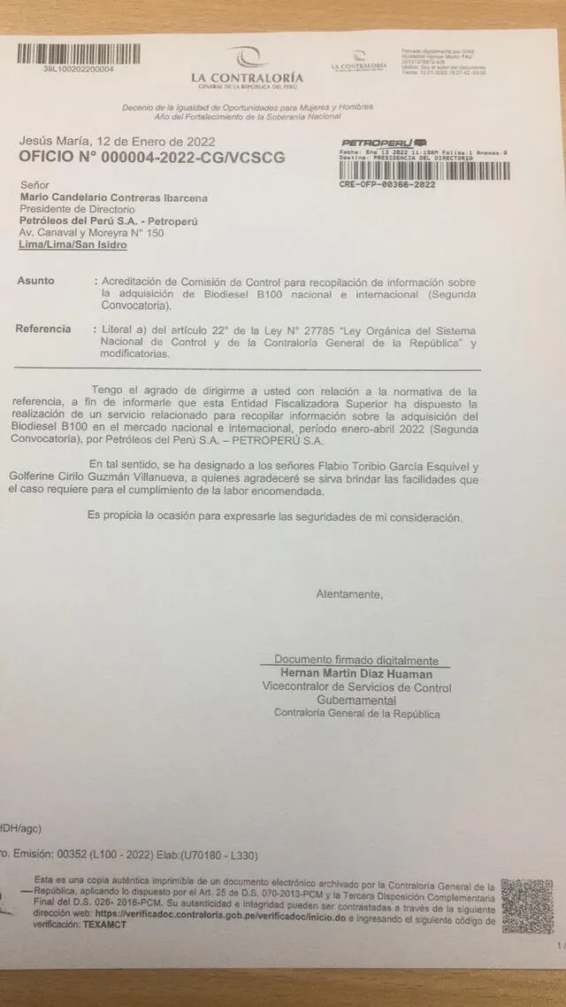 La Contraloría informa al presidente de Petroperú el inicio de la indagación con la recopilación de información. Foto: Difusión