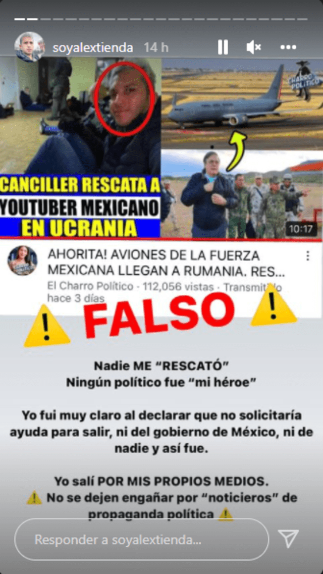 Alex Tienda deja en claro que el gobierno de México no lo ayudó a salir de Ucrania. Foto: Instagram Alex Tienda deja en claro que el gobierno de México no lo ayudó a salir de Ucrania. Foto: Instagram