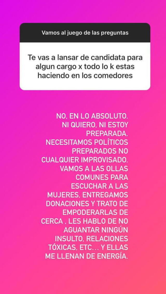 Andrea Llosa descarta lanzarse como candidata a algún cargo público. Foto: Instagram