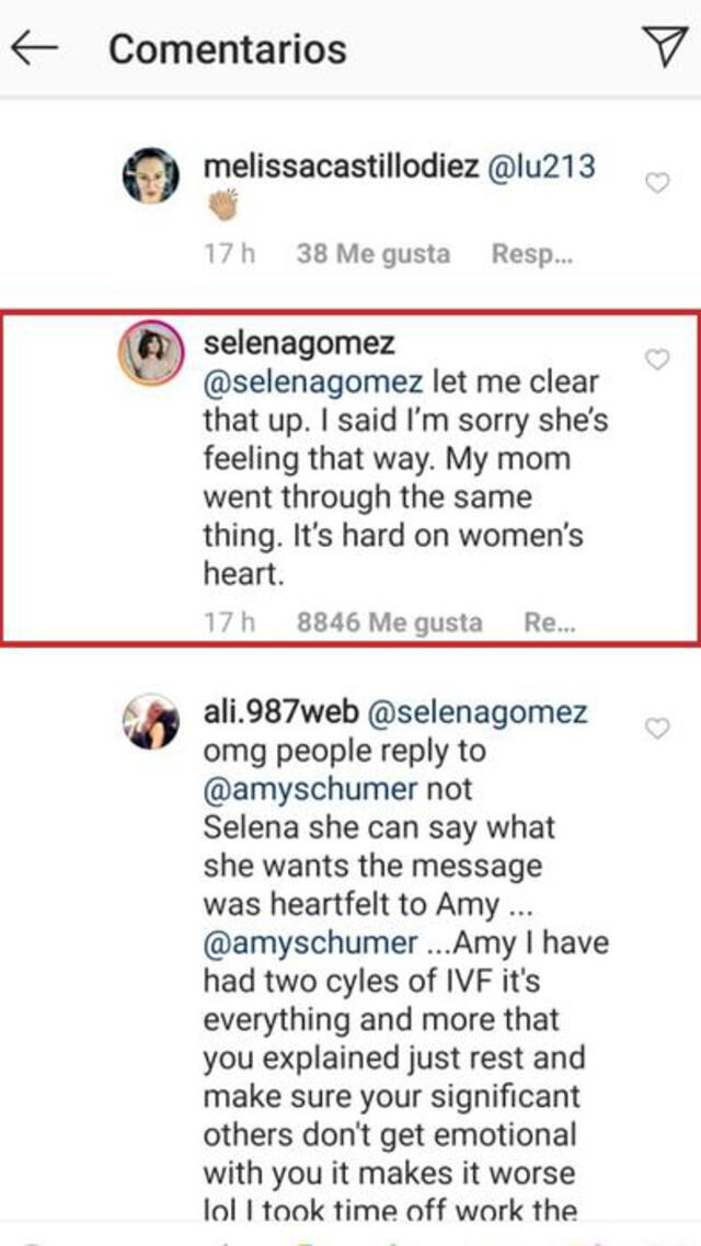 Comentario de Selena Gómez en post de Amy Schumer.