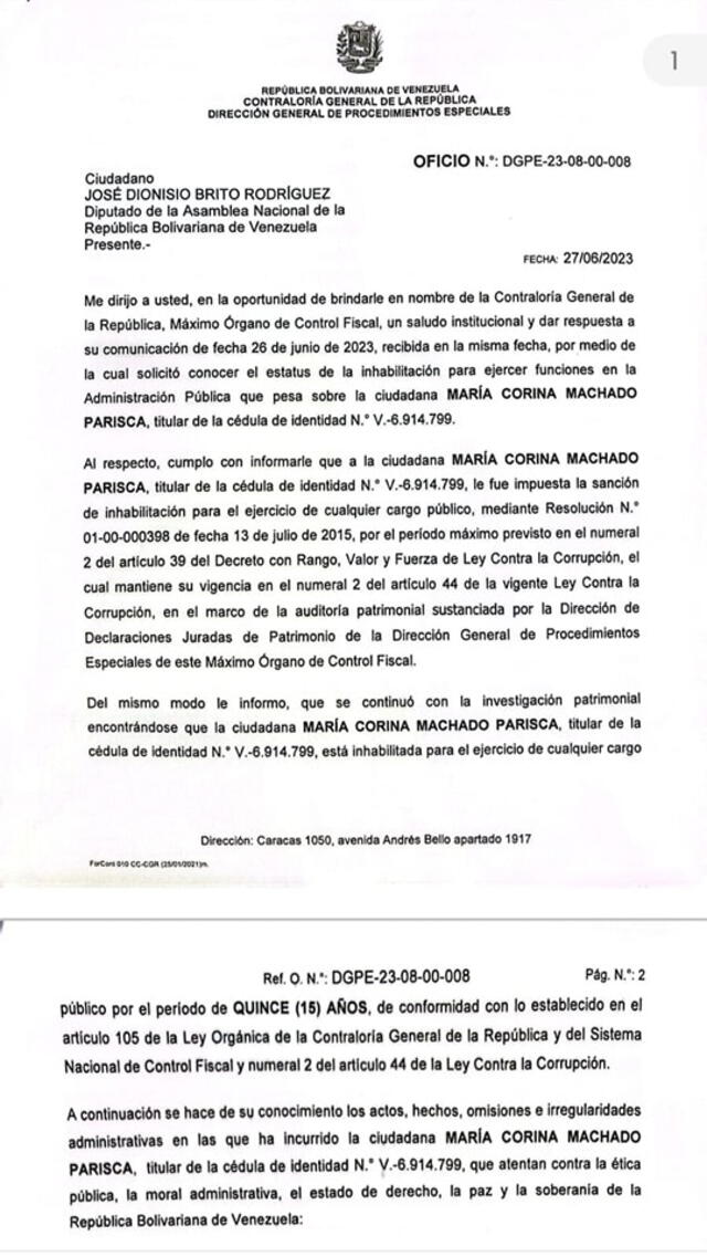  Documento de inhabilitacion de Maria Corina Machado. Foto: PanAm Post <br><br>    