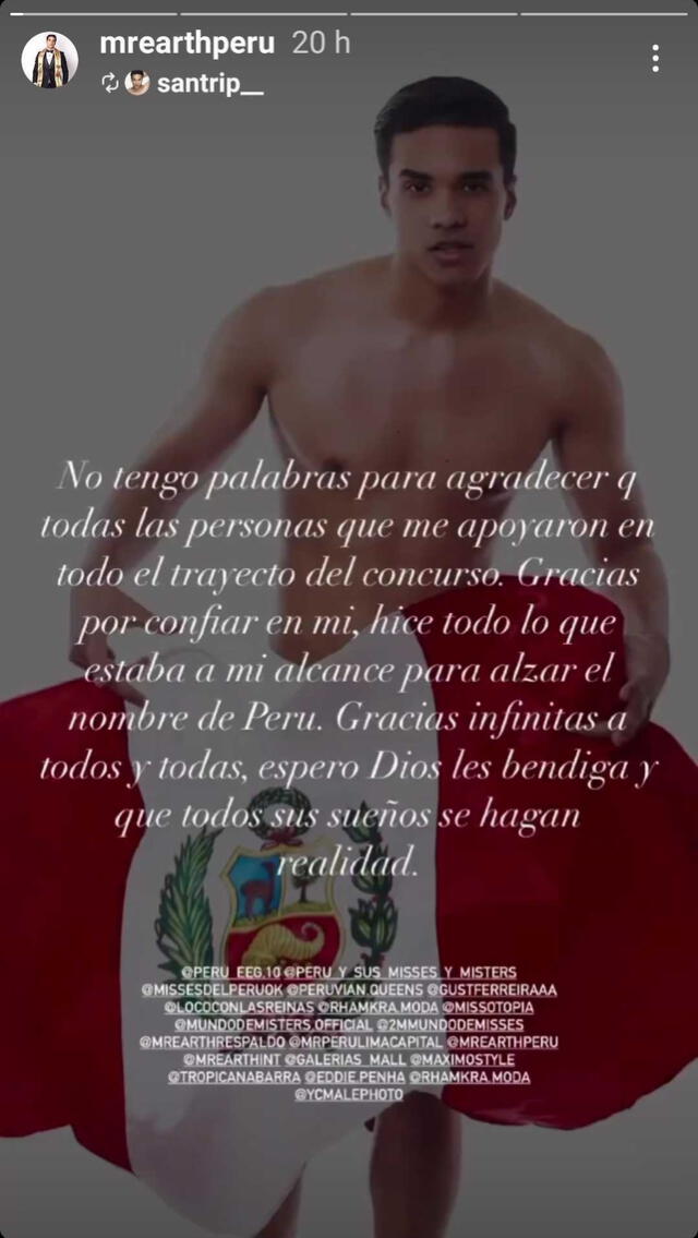  20.08.2023 | Mensaje de Santiago Estevez tras participar en Mister Earth International 2023. Foto: captura Mister Earth Perú Instagram<br>    