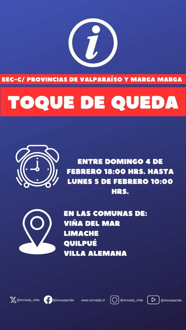 Estos son los horarios para el toque de queda del 4 de febrero en Chile. Foto: @Armada_Chile/Twitter  