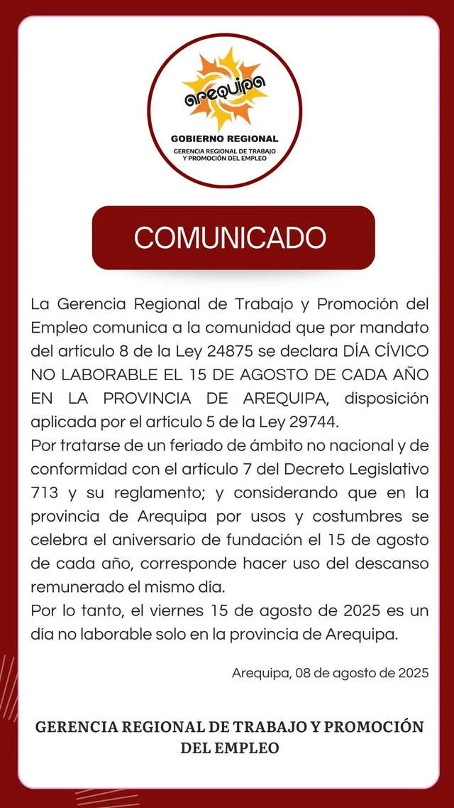 Comunicado del GORE Arequipa por aniversario. Comunicado del GORE Arequipa por aniversario.