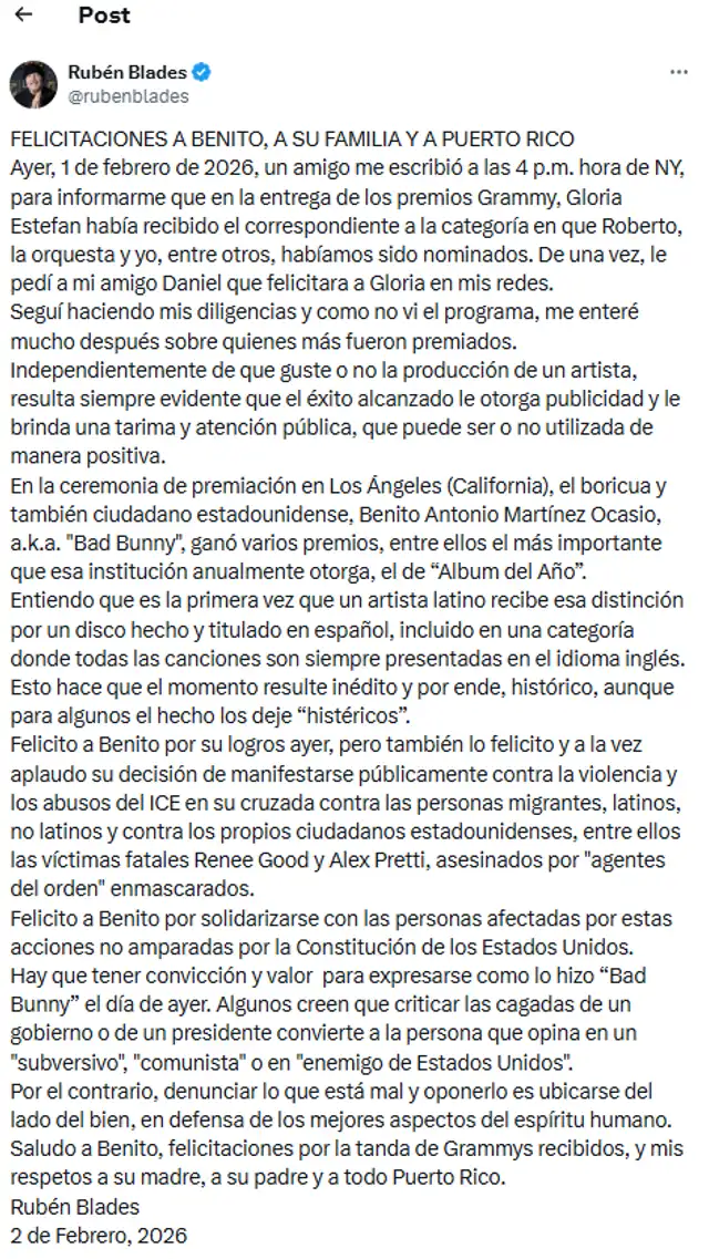 Felicitaciones de Rubén Blades Felicitaciones de Rubén Blades