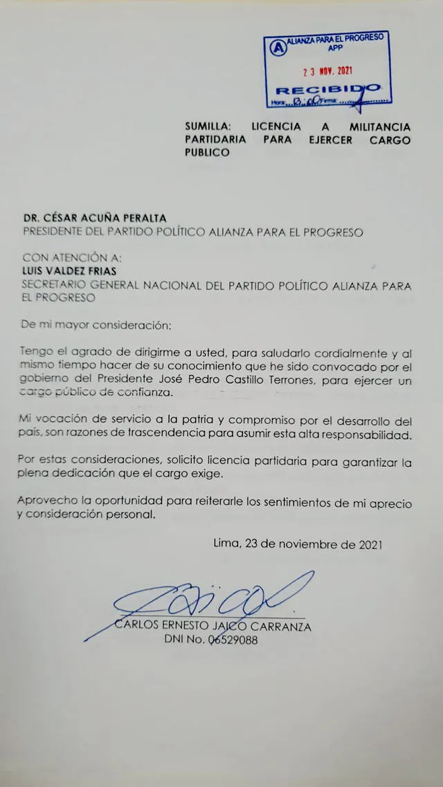 Jaico Carranza alcanzó un documento a APP, en el que solicita licencia partidaria para asumir un cargo de confianza. Foto: Twitter