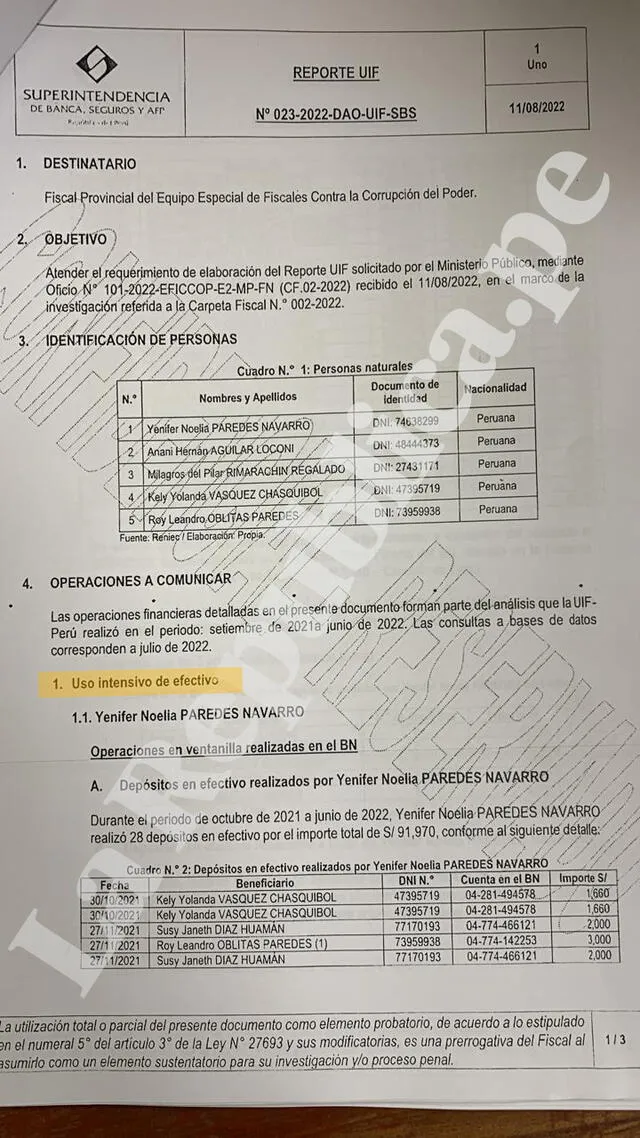 Reportes de la UIF sobre los movimientos en efectivo inusuales de Yenifer Paredes.