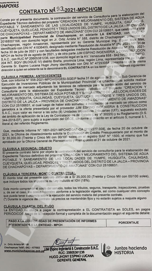 Contrato de Hugo Espino con el municipio de Chachapoyas, a pedido de la primera dama Lilia Paredes.