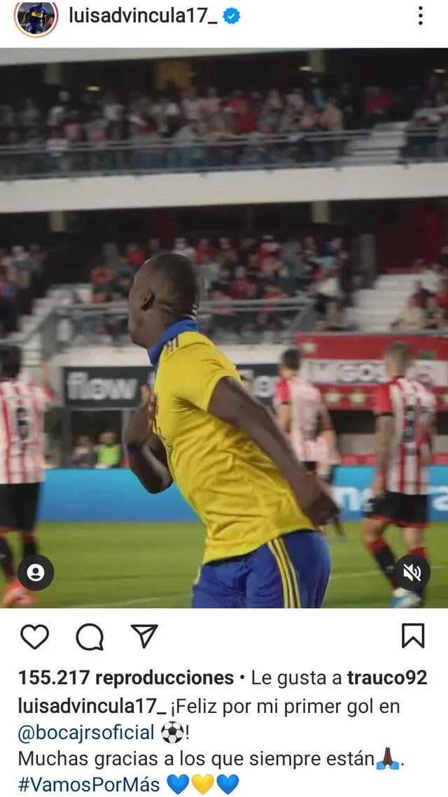 Publicación de Luis Advíncula por su gol en Boca Juniors. Foto: captura Instagram