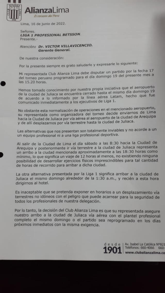 Carta de Alianza Lima. Foto: Ovación