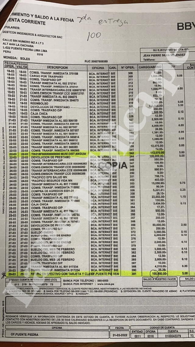 Reportes de movimientos de dinero de las empresas JJM Espino Ingeniería & Construcción y Destcon Ingenieros y Arquitectos de los Espino Lucana.