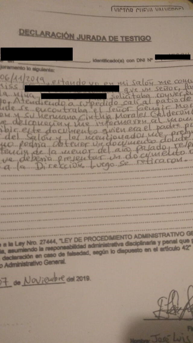 Declaración jurada de un testigo sobre la intervención de Gengir Morales en la escuela de la niña. Foto: cortesía
